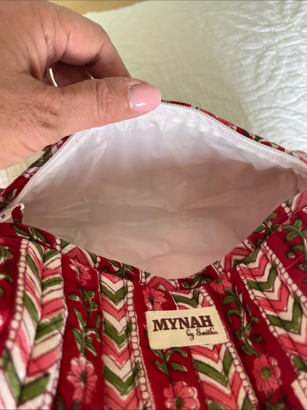 Mynah Red Patterned Quilted Cosmetic Bag